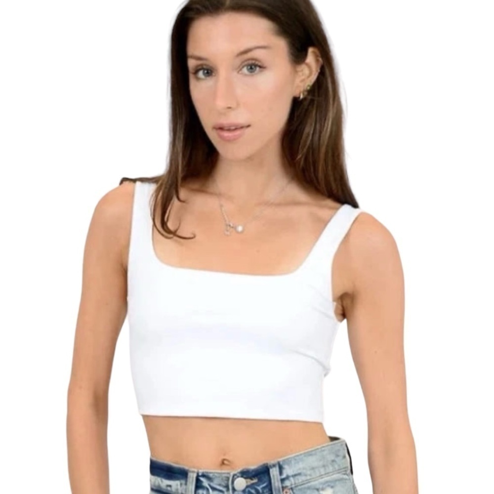 H&M Ivory Crop / Tank Top Stretchy Knit Wide Straps Viscose Elastane Blend Sz L